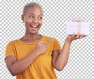 Buy stock photo Happy, gift or black woman point at box, retail parcel or secret product presentation on transparent, png background. African person with birthday present, Christmas holiday package or giveaway prize