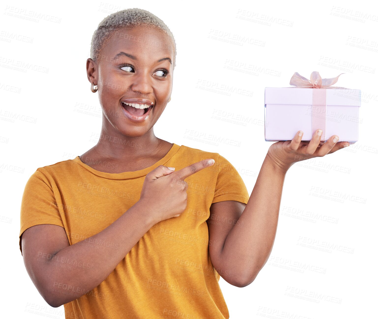 Buy stock photo Happy, gift or black woman point at box, retail parcel or secret product presentation on transparent, png background. African person with birthday present, Christmas holiday package or giveaway prize