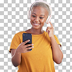 Woman, headphones and phone listening to music, audio streaming service and social media on a blue background. Young african person or influencer with electronics, techno or radio on mobile in studio