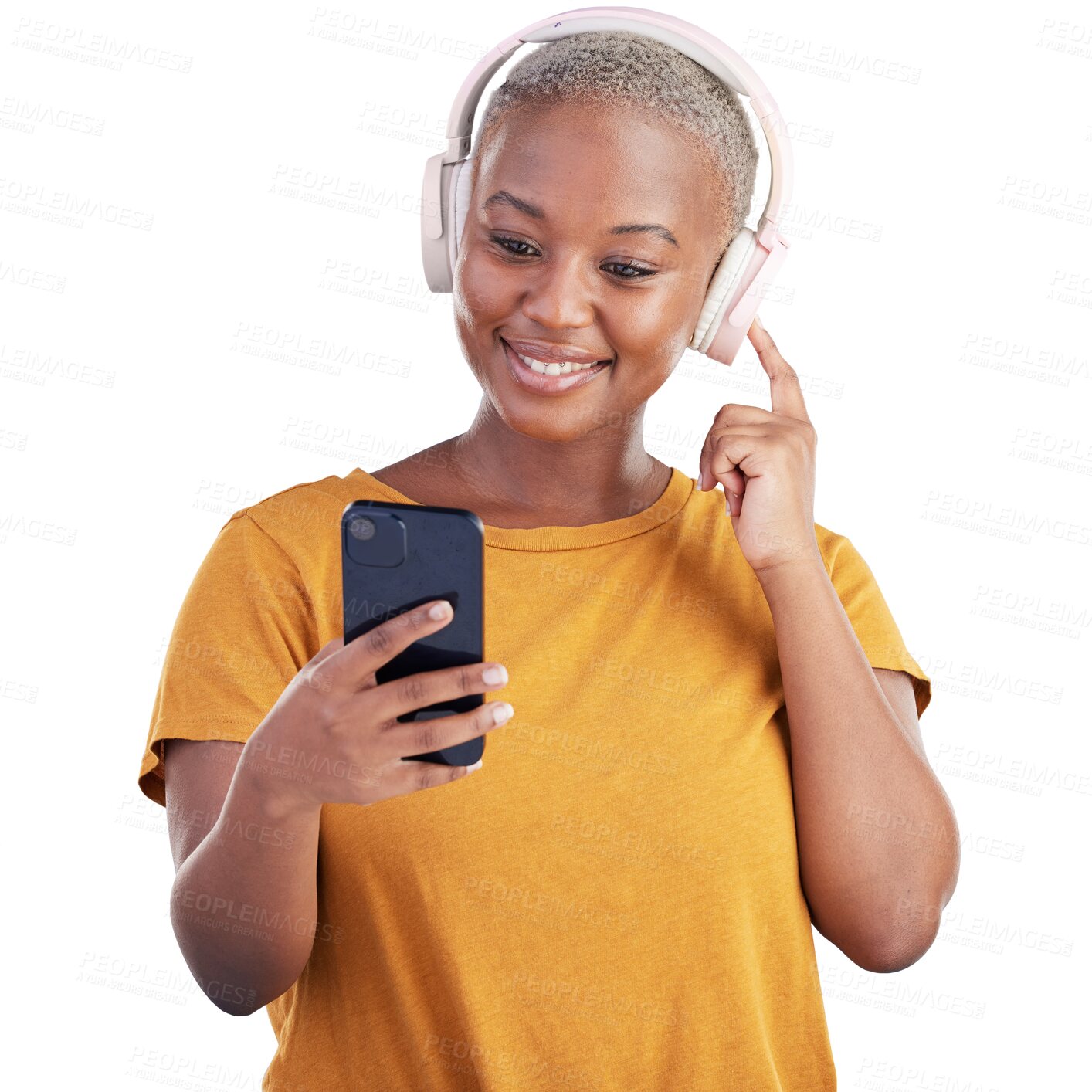 Buy stock photo Headphones, smile and young black woman with phone listening to music, podcast or radio. Happy, technology and African female model stream playlist on cellphone isolated by transparent png background