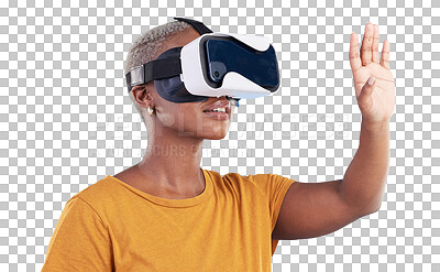 Black woman, metaverse and virtual reality with future technology and 3D isolated on blue background. User experience, VR goggles and female person, digital world and software with gaming in a studio