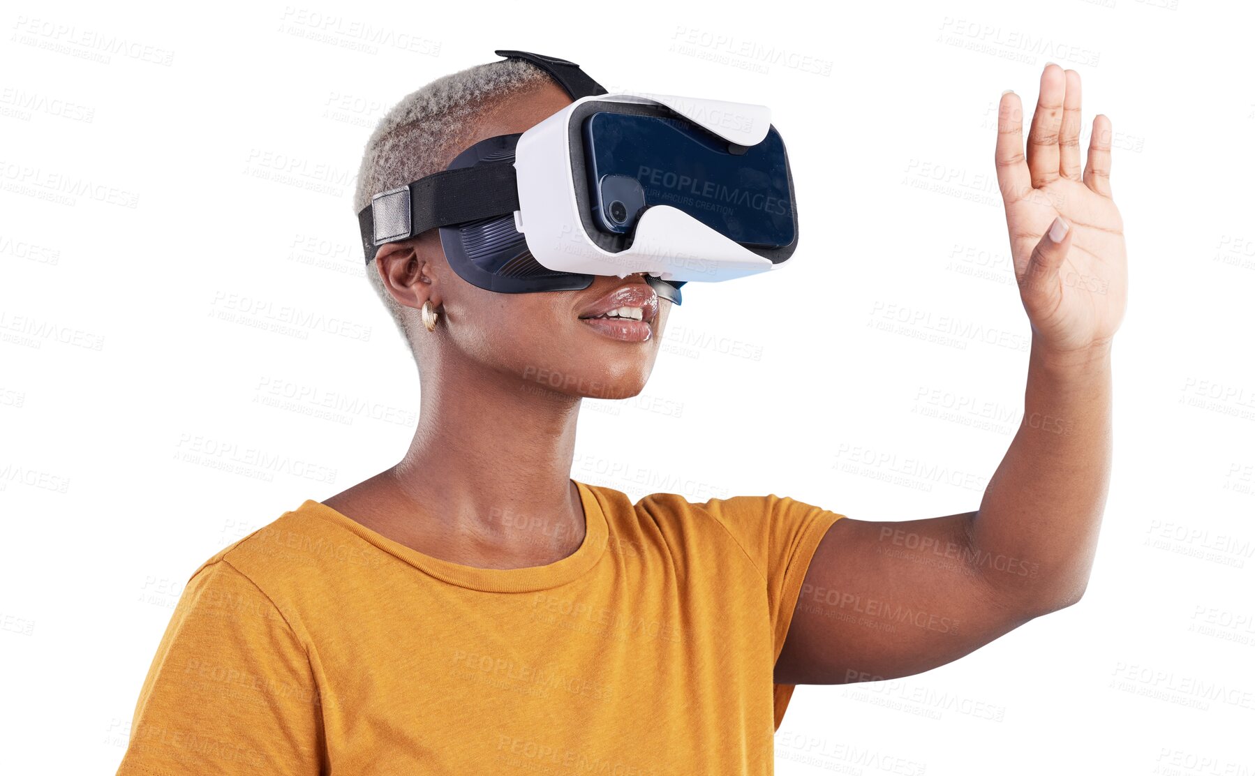 Buy stock photo VR, glasses and woman with hands for cyber innovation, futuristic video game or metaverse isolated on transparent png background. African model, virtual reality or future of high tech user experience