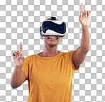 Black woman, metaverse and virtual reality, screen with future technology and 3D on blue background. User experience, VR goggles and female person press, digital world and  gaming software in studio