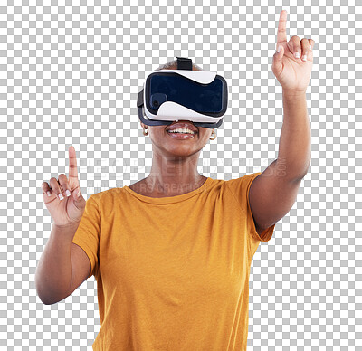 Buy stock photo VR, glasses and smile of woman to press video game, cyber innovation and metaverse isolated on transparent png background. African model, virtual reality or future of ux, gaming or digital experience