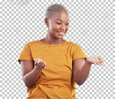 Buy stock photo Black woman happiness, smile and playing with bubbles, having fun or vibrant with entertainment on transparent, png background. Hands, freedom and happy African person with liquid soap on palm