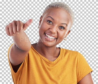 Buy stock photo Smile, thumbs up and portrait of black woman with positive, good and confident attitude. Happy, excited and young African girl model with approval hand gesture isolated by transparent png background.