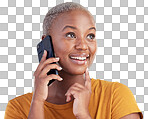 Black woman, phone call and thinking of university decision, listening to news and feedback on a blue, studio background. Happy person or student on mobile communication with ideas or future planning