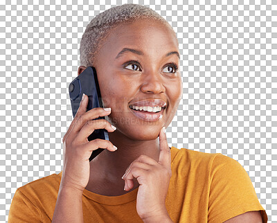 Buy stock photo Thinking black woman, face and smartphone call, discussion or chat about choice, mobile news plan or communication. Phone conversation, question and person contact user on transparent, png background