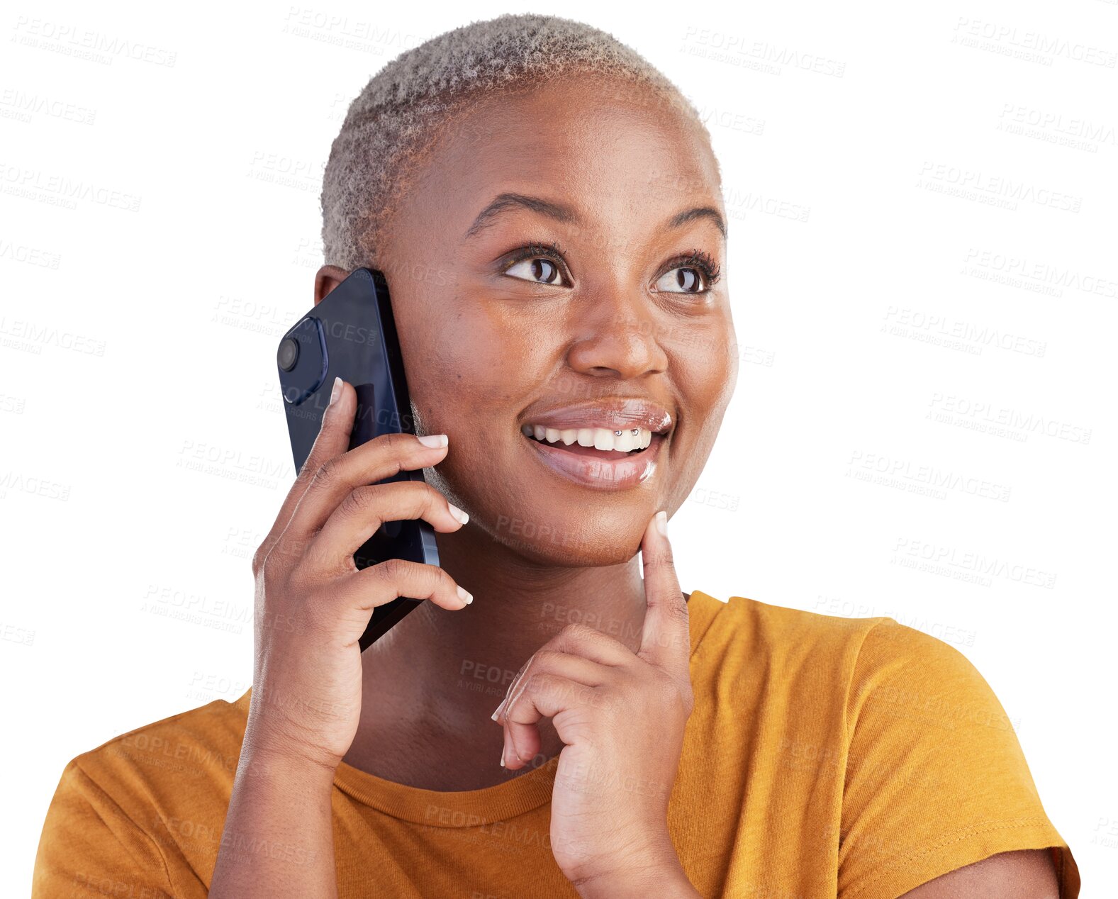 Buy stock photo Thinking black woman, face and smartphone call, discussion or chat about choice, mobile news plan or communication. Phone conversation, question and person contact user on transparent, png background