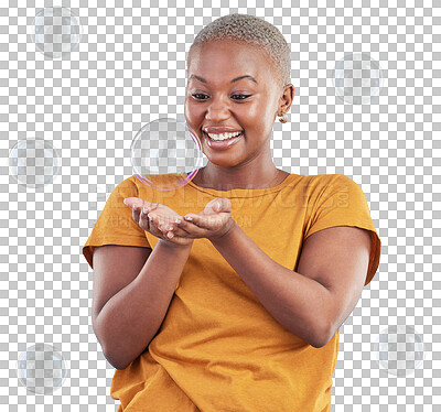 Buy stock photo Black woman, play with bubbles and happiness, fun and isolated on a transparent, png background. Liquid soap, freedom and excited African female person, playful with activity and enjoy with a smile