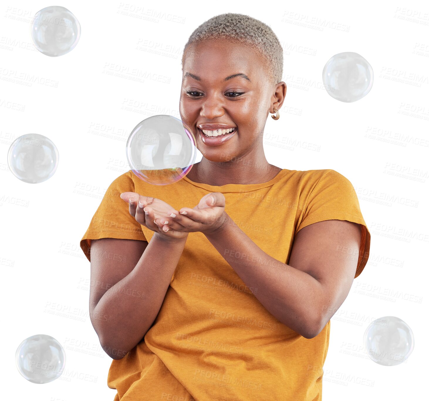 Buy stock photo Black woman, play with bubbles and happiness, fun and isolated on a transparent, png background. Liquid soap, freedom and excited African female person, playful with activity and enjoy with a smile