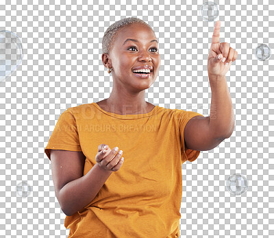 Buy stock photo Black woman, pop with bubbles and happiness, fun and isolated on a transparent, png background. Liquid soap, happy and excited African female person, playful with activity and enjoy with a smile