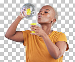 African, woman and blowing bubbles in studio, blue background or party celebration with fun, liquid soap or toy. African girl, person and relax with happy, joyful or creative bubble for calm break