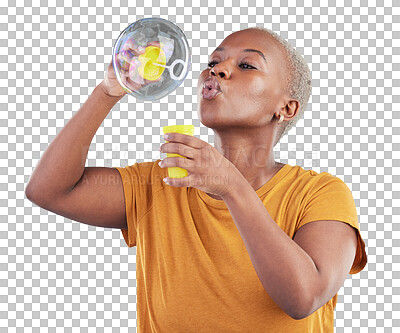 Buy stock photo Black woman, wand and blowing big bubbles standing isolated on a transparent PNG background. Face of African female person or model playing with bubble stick for fun soap or playful break in relax