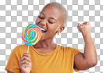 Lollipop, singing and a woman with candy in studio for sweets, rainbow and creative advertising. Happy black female person isolated on a blue background with sugar, freedom and happiness or color