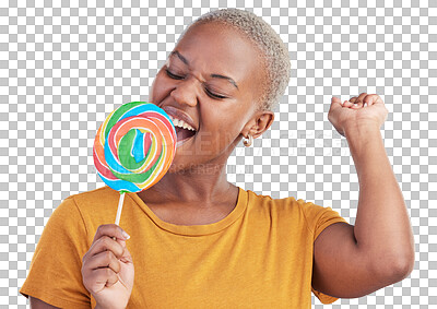 Buy stock photo Lollipop, excited and young black woman with candy in studio for sweets, rainbow and creative advertising. Happy, dessert and African female person with sugar isolated by transparent png background.