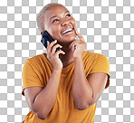 Happy woman, phone call and ideas or university decision, listening to news and feedback on a blue, studio background. African person or student on mobile communication, thinking and future planning