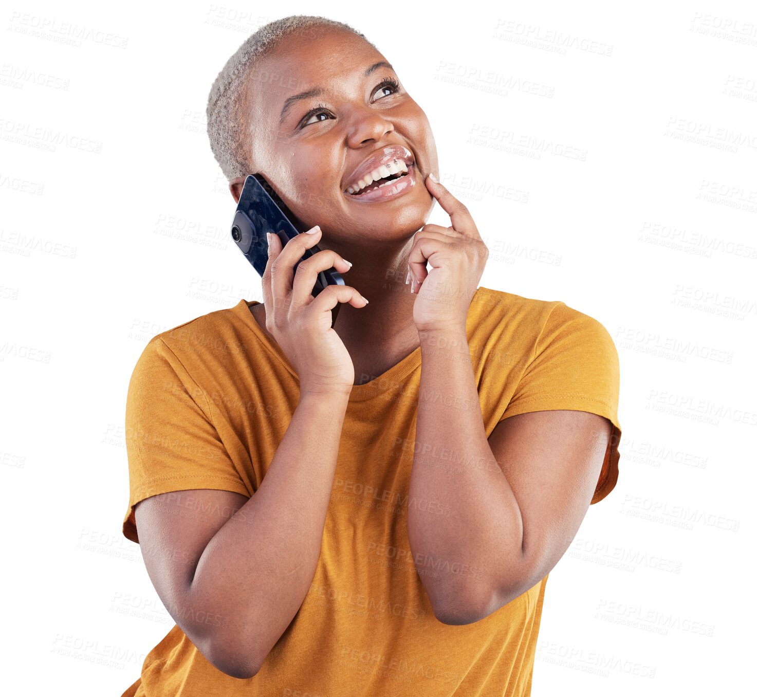 Buy stock photo Happy black woman, smartphone call and thinking of choice, mobile news plan or networking communication. Phone conversation, planning ideas and person contact user on transparent, png background