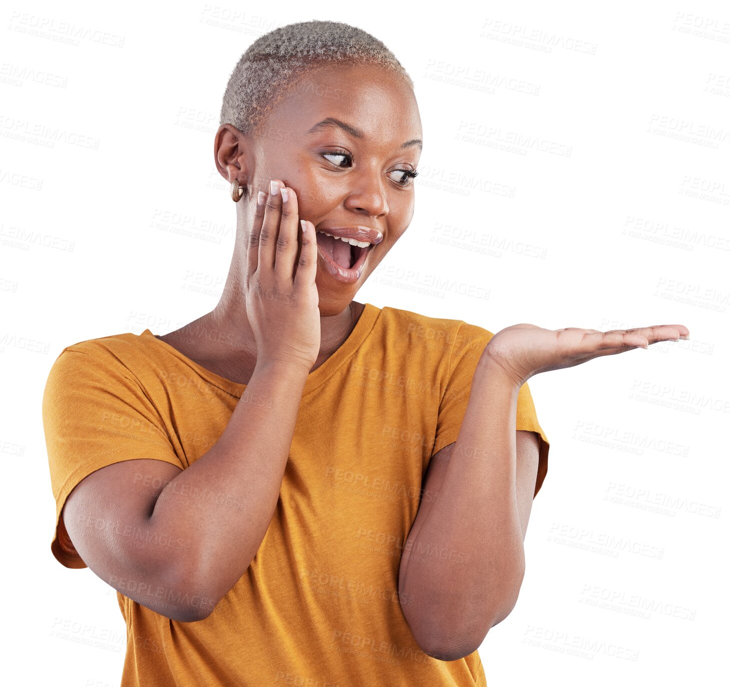 Buy stock photo Wow, hand and promotion from a black woman isolated on a transparent, png background with marketing. Sale, customer and African person or promoter with surprise and space for deal or announcement