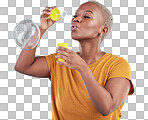 African, woman and blowing bubbles in studio, blue background or fun party celebration with liquid soap or toy. African girl, person and relax with happy, joyful or creative bubble for calm break