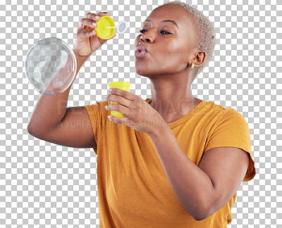 Buy stock photo Black woman, blowing bubbles and wand standing isolated on a transparent PNG background. Face of African female person or model playing with bubble stick for fun soap or playful break in relax