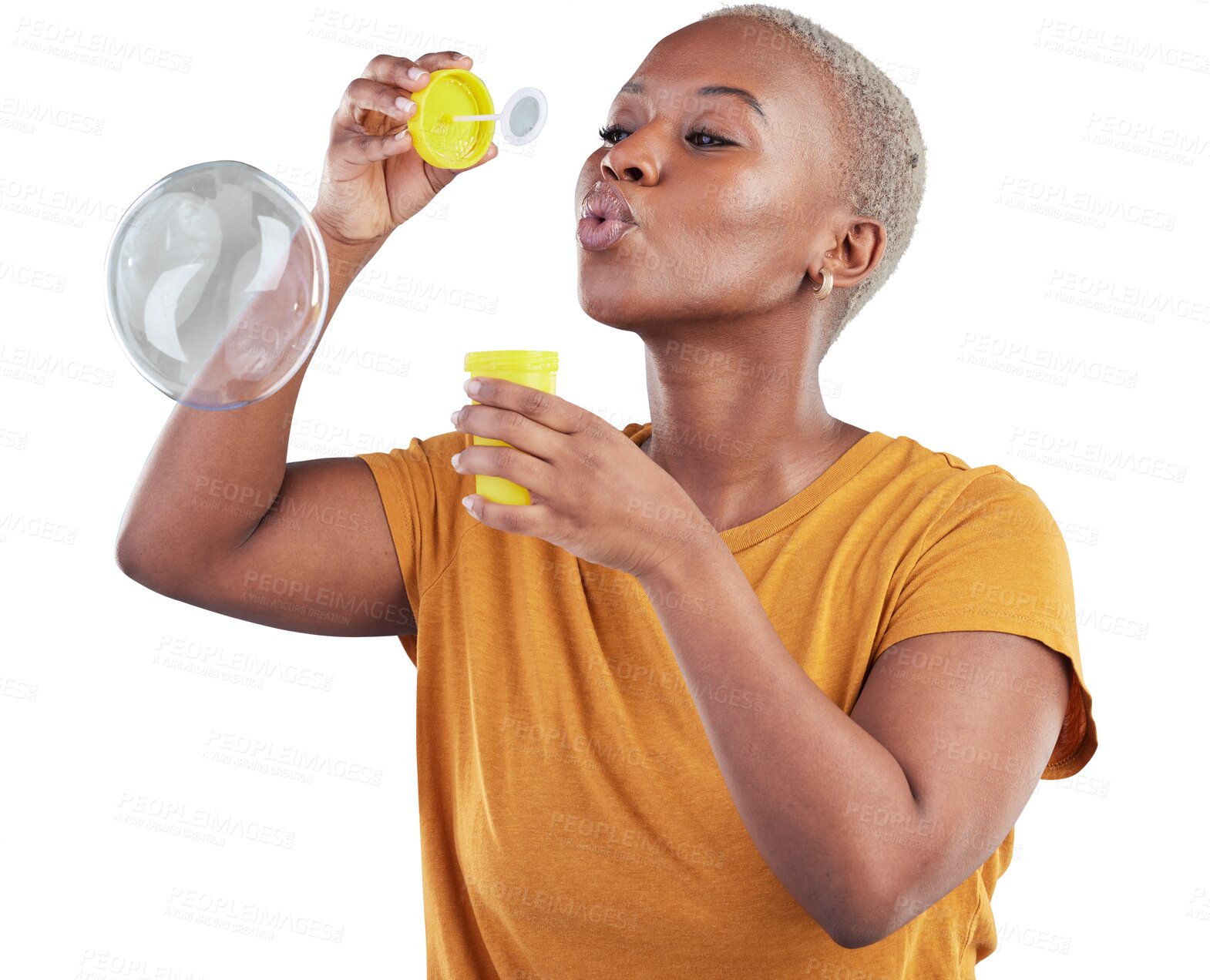 Buy stock photo Black woman, blowing bubbles and wand standing isolated on a transparent PNG background. Face of African female person or model playing with bubble stick for fun soap or playful break in relax