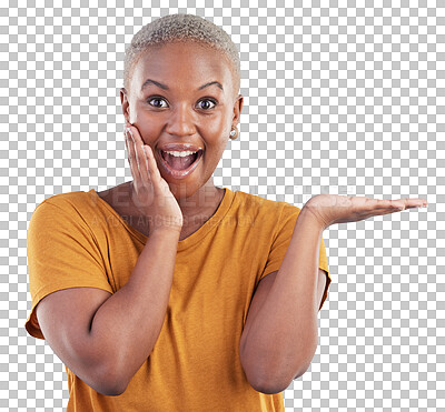 Buy stock photo Wow, hand and portrait with a black woman isolated on a transparent, png background with marketing. Sale, customer and African person or promoter with surprise and palm for deal or announcement
