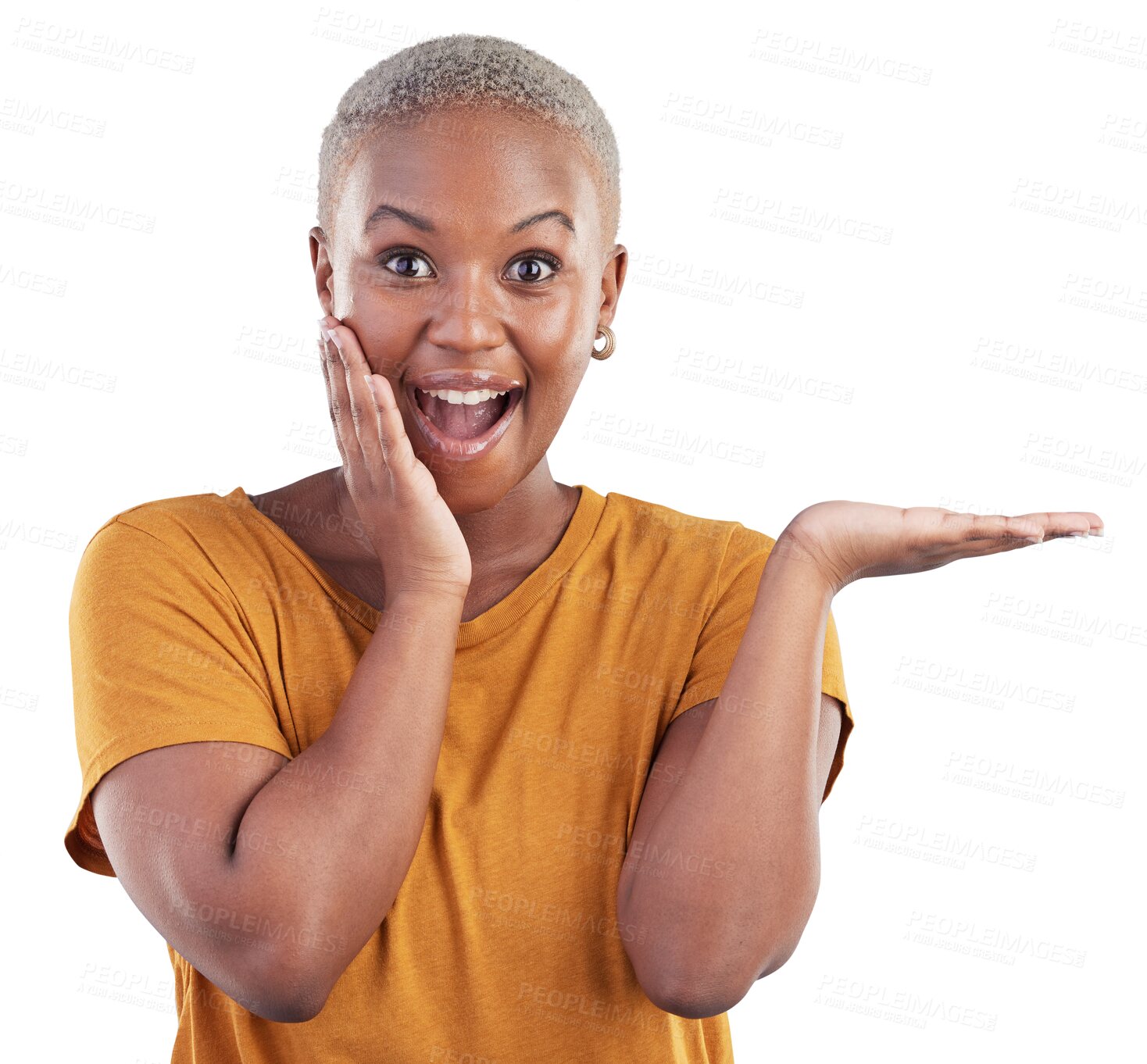 Buy stock photo Wow, hand and portrait with a black woman isolated on a transparent, png background with marketing. Sale, customer and African person or promoter with surprise and palm for deal or announcement