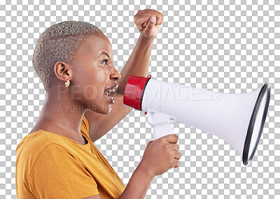 Buy stock photo Woman, fist and megaphone for announcement, protest or freedom of speech isolated on transparent png background. African model, audio speaker and shout for attention, human rights or rally of justice