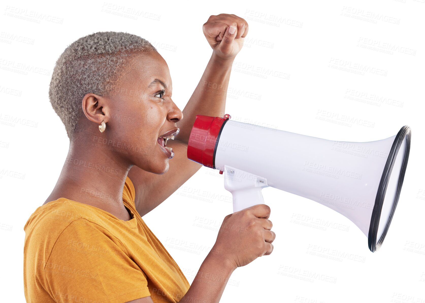 Buy stock photo Woman, fist and megaphone for announcement, protest or freedom of speech isolated on transparent png background. African model, audio speaker and shout for attention, human rights or rally of justice