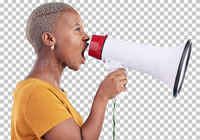 Buy stock photo Woman, megaphone and shout for announcement, freedom of speech and gender equality isolated on transparent png background. African model, audio speaker and voice to protest politics for human rights 