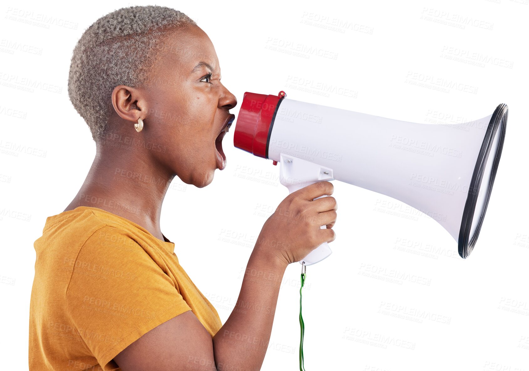 Buy stock photo Woman, megaphone and shout for announcement, freedom of speech and gender equality isolated on transparent png background. African model, audio speaker and voice to protest politics for human rights 