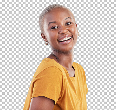 Buy stock photo Happy, smile and portrait of young black woman with positive, good and confident attitude. Happiness, excited and African female model with casual fashion isolated by transparent png background.