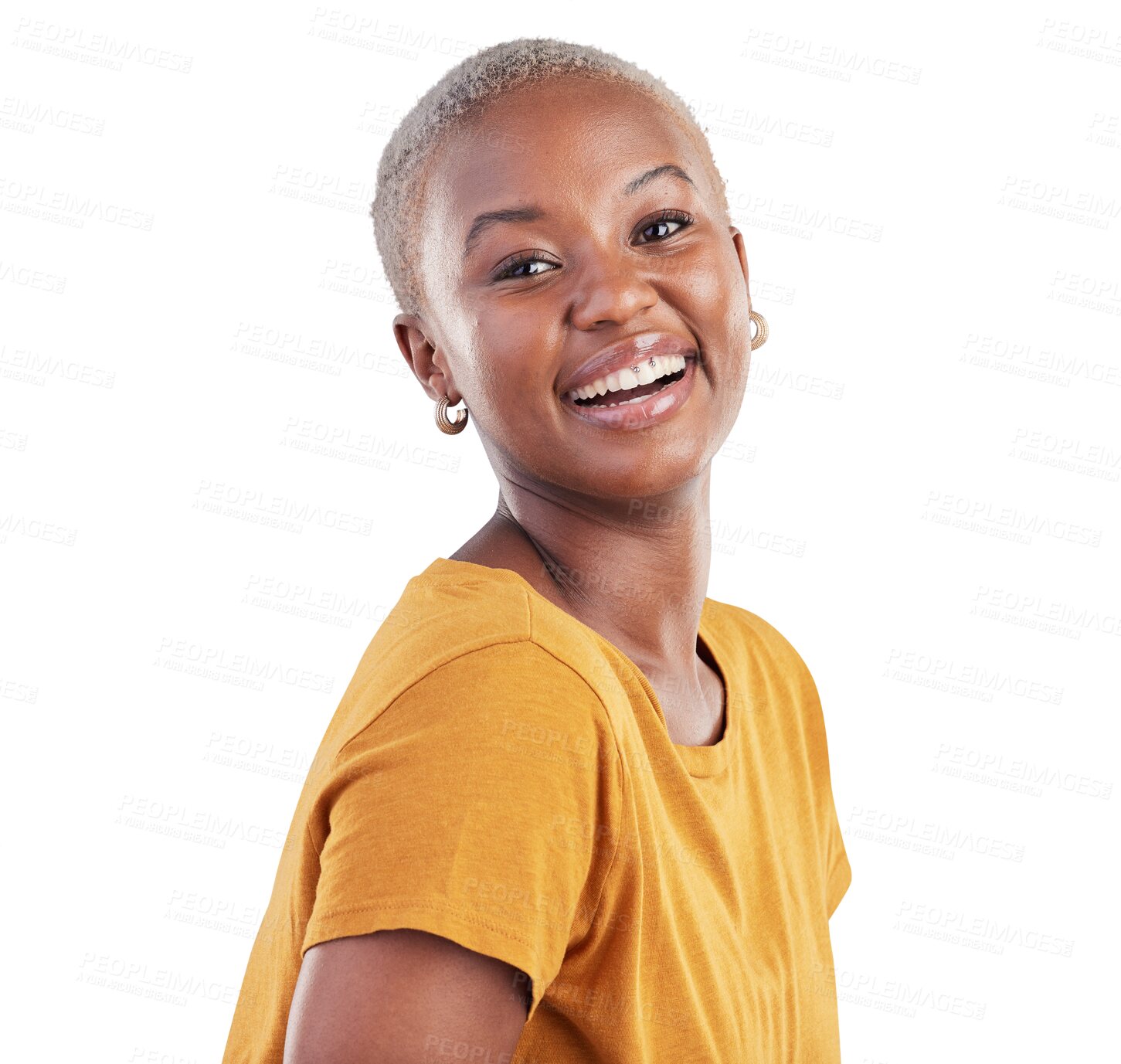 Buy stock photo Happy, smile and portrait of young black woman with positive, good and confident attitude. Happiness, excited and African female model with casual fashion isolated by transparent png background.