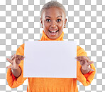 Black woman, blank poster and studio portrait with surprise face, mockup space and excited by blue background. African gen z girl, student and paper billboard for promotion, branding and wow for deal