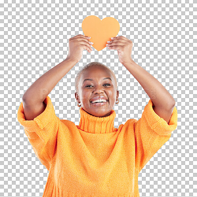 Buy stock photo Icon, love and portrait of black woman with heart on isolated, png and transparent background. Emoji, social media and happy person with shape, sign and symbol for valentines day, care and kindness