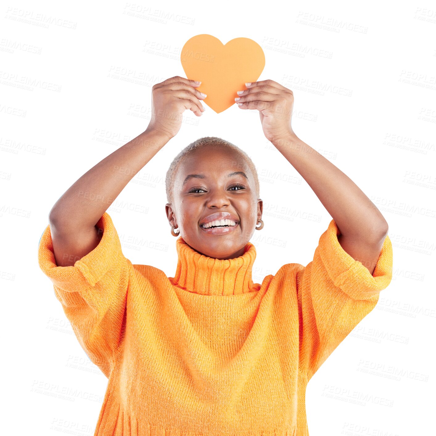 Buy stock photo Icon, love and portrait of black woman with heart on isolated, png and transparent background. Emoji, social media and happy person with shape, sign and symbol for valentines day, care and kindness