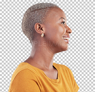 Buy stock photo Black woman, profile and thinking with happy and hope idea isolated on a transparent, png background. African, college student and person from Kenya with listening and smile with inspiration