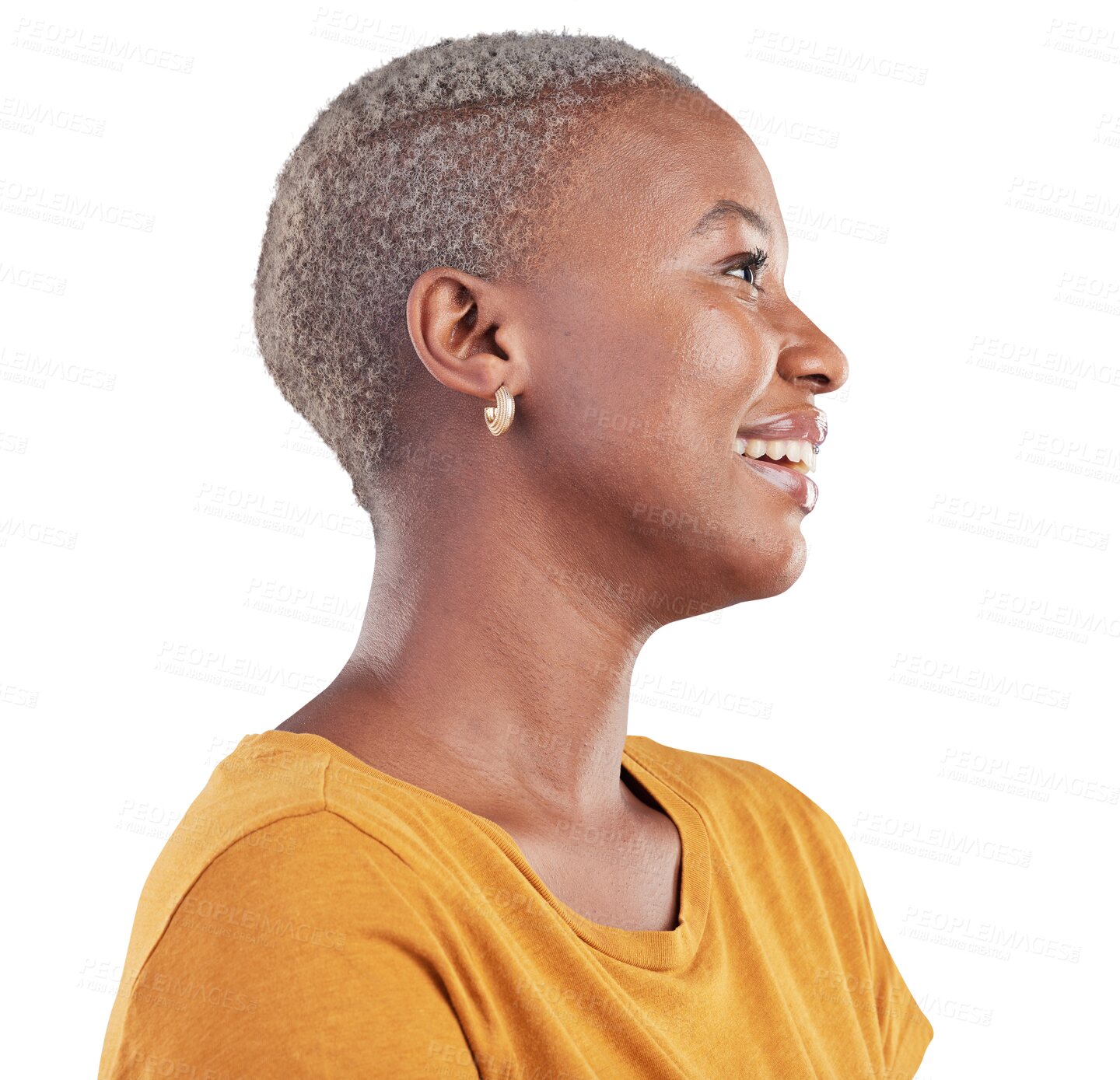 Buy stock photo Black woman, profile and thinking with happy and hope idea isolated on a transparent, png background. African, college student and person from Kenya with listening and smile with inspiration