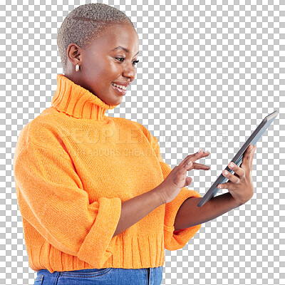 Buy stock photo Woman, scroll and smile with tablet for social media update, search internet and download ebook isolated on transparent png background. Happy african model with digital technology for online shopping