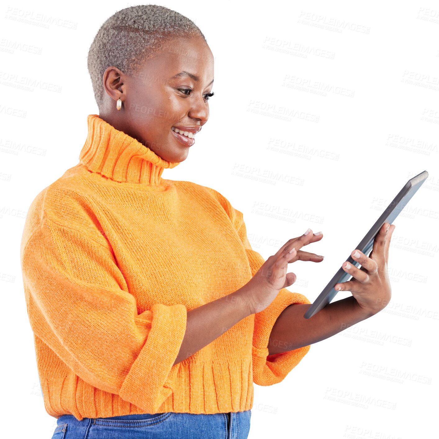 Buy stock photo Woman, scroll and smile with tablet for social media update, search internet and download ebook isolated on transparent png background. Happy african model with digital technology for online shopping