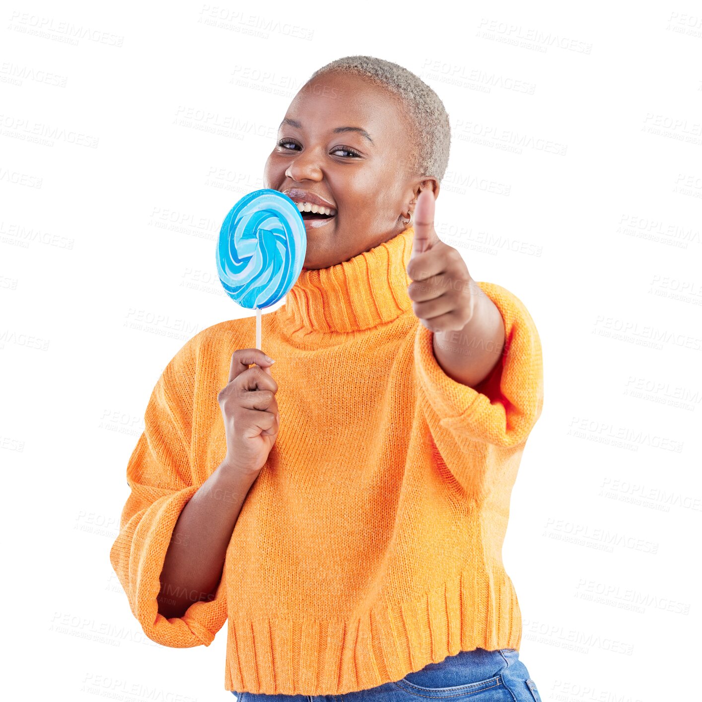 Buy stock photo Lollipop, thumbs up and portrait of black woman with candy in studio for sweet, blue and creative advertising. Happy, young and African female person with sugar isolated by transparent png background