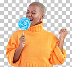 Singing, lollipop and a woman with candy in studio for sweets, rainbow and creative advertising. Happy black female person isolated on a blue background with sugar, freedom and happiness or color