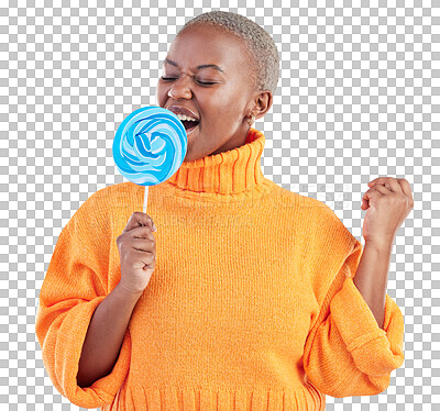 Buy stock photo Lollipop, smile and young black woman with candy in studio for sweets, blue snack and creative. Happy, dessert and African female person eating with sugar isolated by transparent png background.