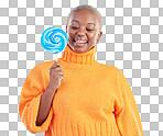 Smile, lollipop and black woman with candy in studio isolated on a blue background. African person, happy and tongue out for sweets, dessert and treats, sugar food and confectionary for eating