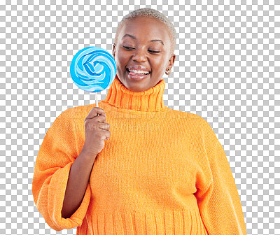 Buy stock photo Lollipop, happy and portrait of black woman with candy in studio for sweets, blue and creativity. Smile, young and excited African female person with sugar isolated by transparent png background.