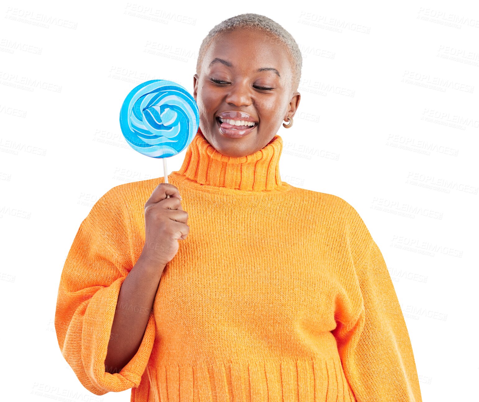 Buy stock photo Lollipop, happy and portrait of black woman with candy in studio for sweets, blue and creativity. Smile, young and excited African female person with sugar isolated by transparent png background.