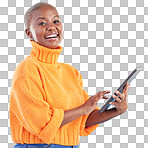 Typing, portrait or black woman in studio with tablet to search social media on internet or blue background. Network, mockup space or happy person with technology for online review, news or feedback