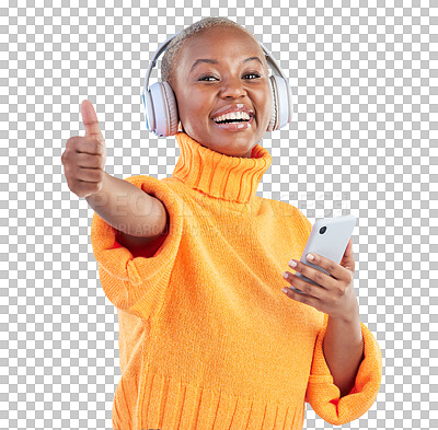 Buy stock photo Headphones, portrait or black woman with thumbs up or phone isolated on a transparent PNG background. African female person smile with like emoji, yes sign or mobile smartphone for audio streaming