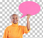 Speech bubble, headphones or portrait of black woman in studio or communication with mockup space. Talking, smile or happy girl on social media for music review, feedback or board on blue background